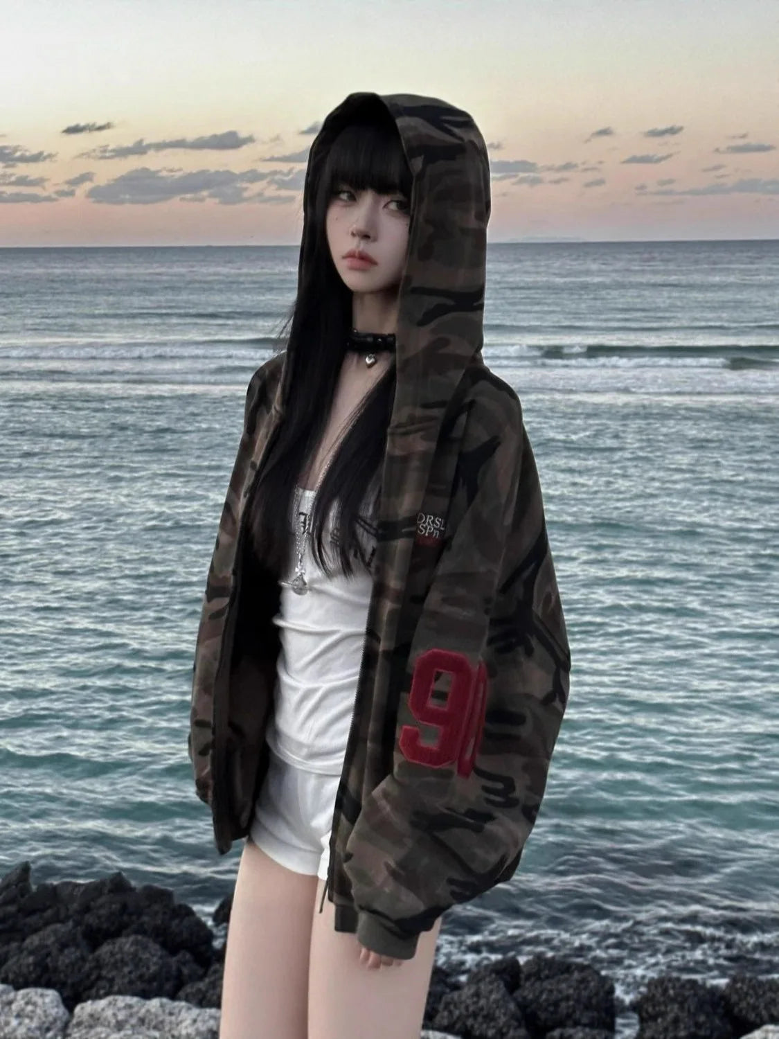Women's Ins Korean Camo Letter Vintage American Preppy Hooded Cardigan — Versatile Fashion Hoodie