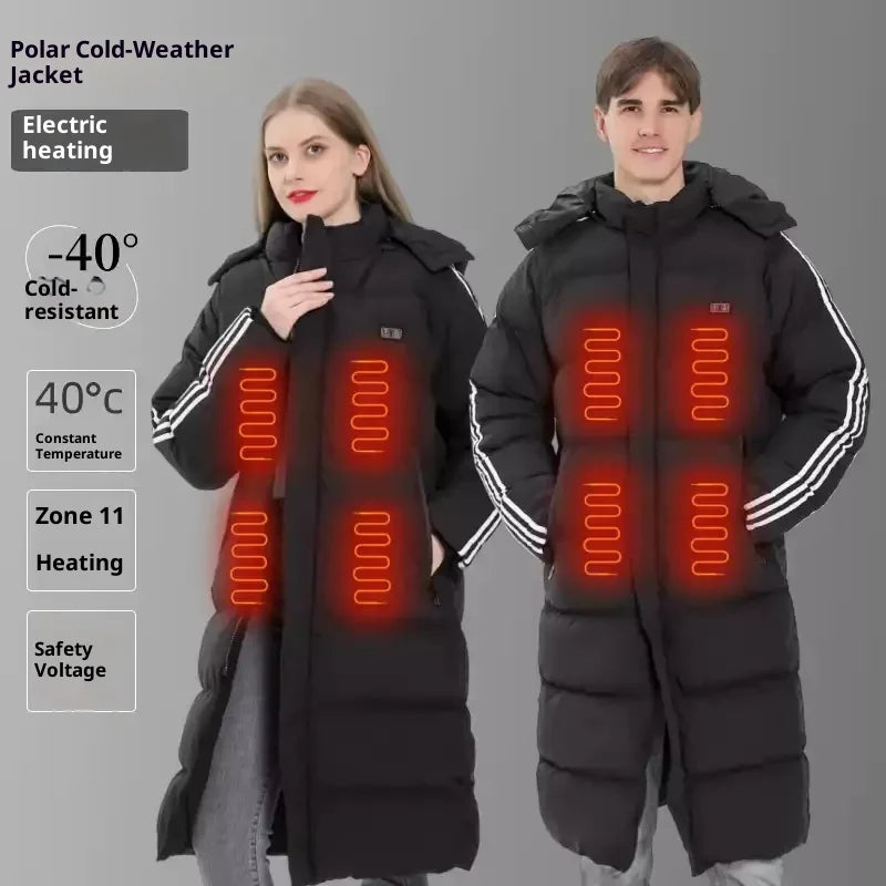 Smart Dual Control Heated Coat 11 Zone - Long Knee Length Hooded Cotton Parka, Outdoor Winter Warm Electric Heating Jacket