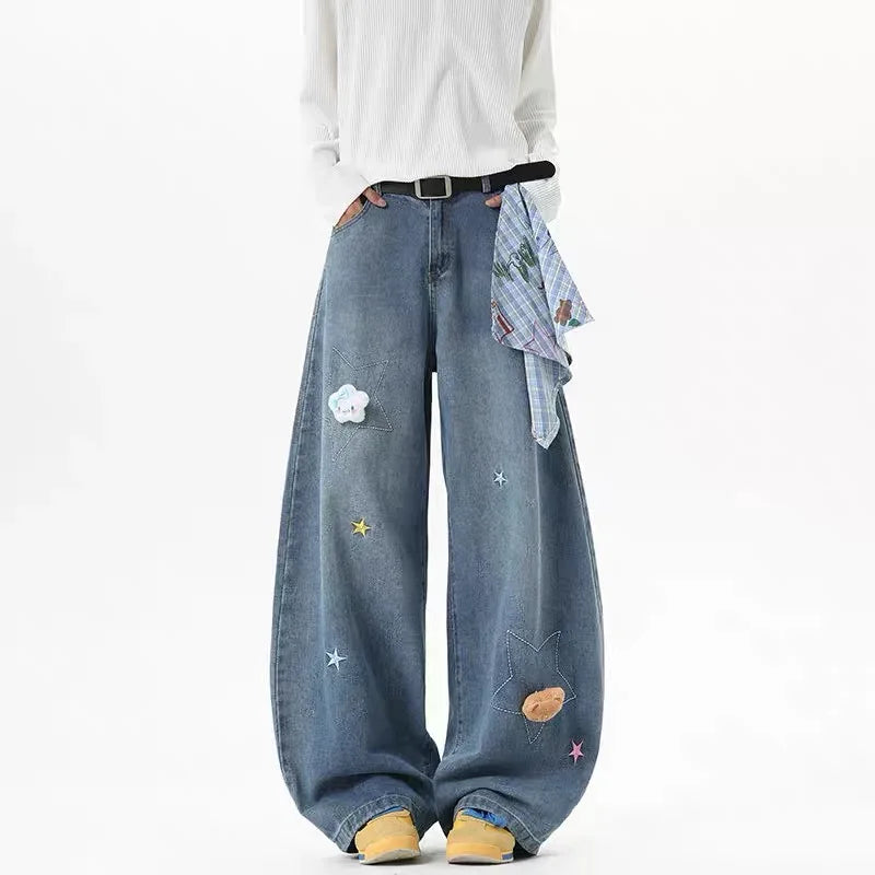 ZHIZOU 2025 Autumn Women Blue Y2k Baggy Printing Jeans Harajuku Aesthetic 2000s Denim Trousers Vintage Jean Pants Trashy Clothes
