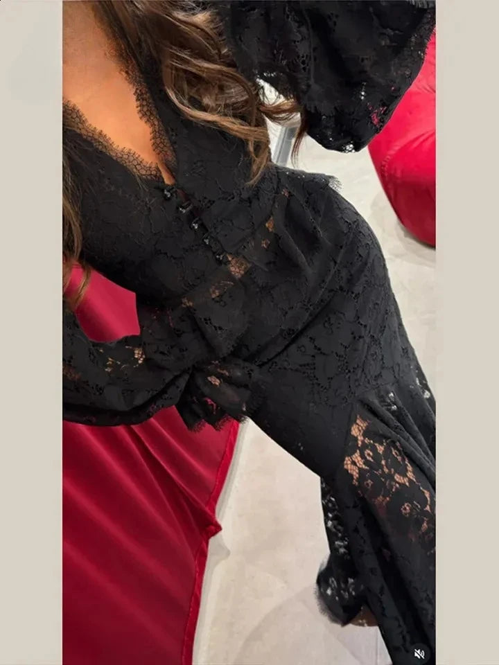 Suninhear Fall Outfits Woman Mermaid Maxi Dress Sets Black Lace 2 Piece Set Long Sleeve Crop Top and Skirt Elegant Matching Sets