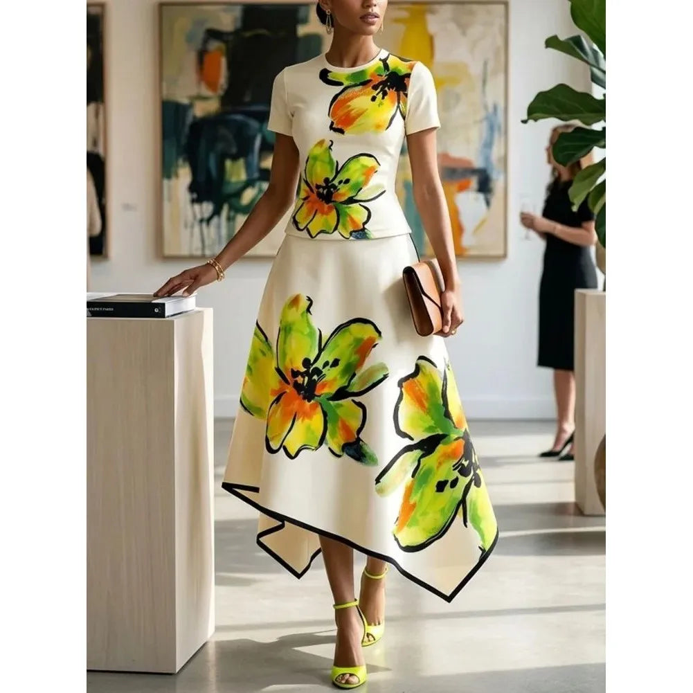 Women's Floral Print round Neck Dress Set Casual Comfortable Polyester Fabric Ideal for Ages 18-25 Summer Season