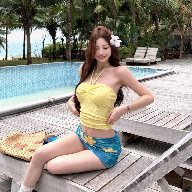 French Drawstring Blue Floral Tube Top Women Separate Swimwear Set Coastal Summer Vacation Beach Holiday Swimsuit for Girl
