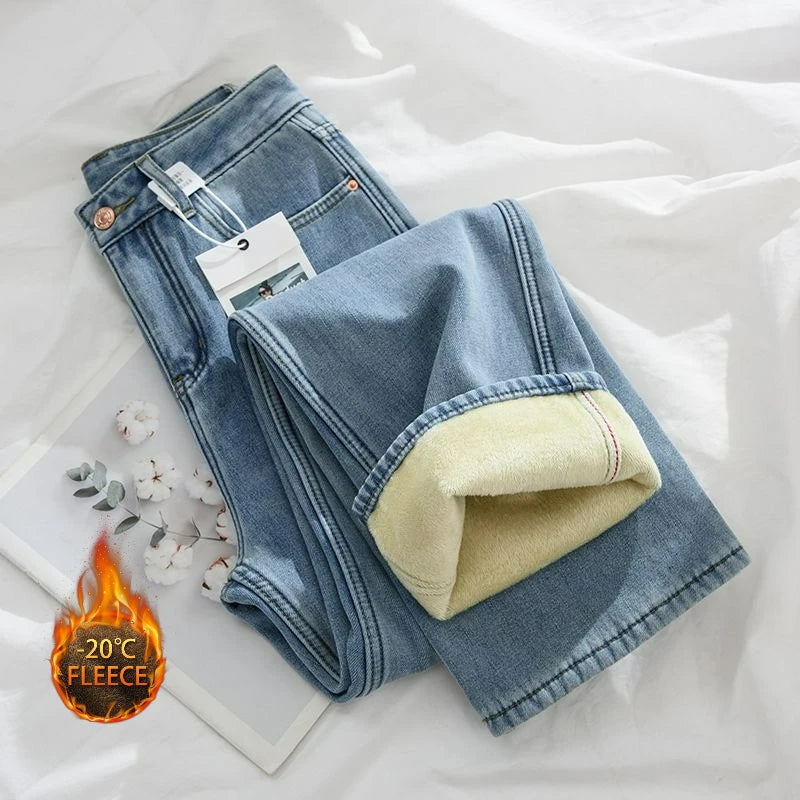 Winter Thicken Fleece High Waist Wide Leg Denim Jeans Straight Cut Floor Length Pants Autumn Korean Women's Thermal Trousers