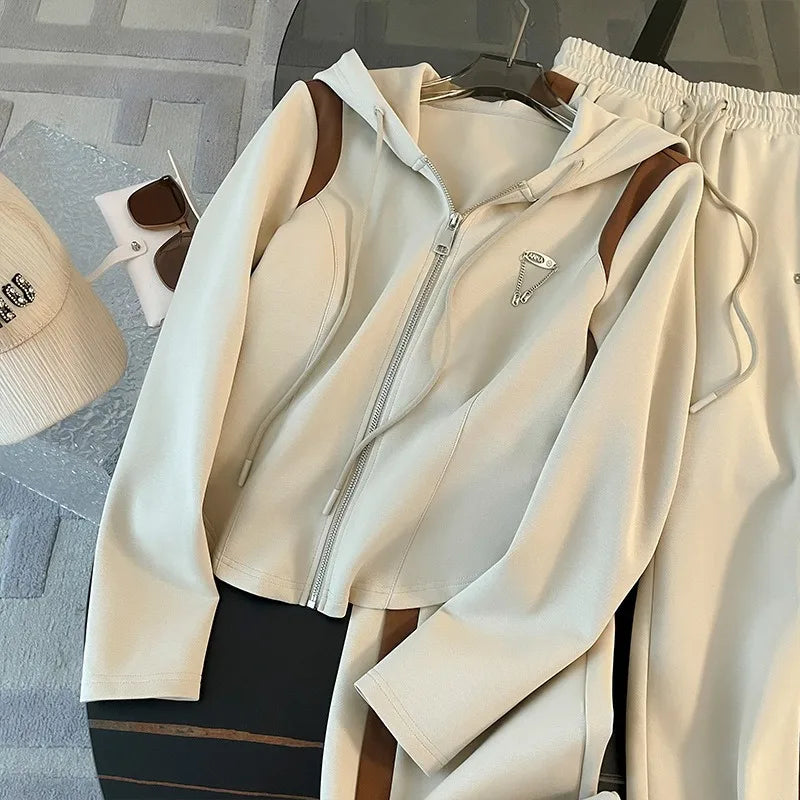 Women's Casual Sports Suit Slim and Skinny Hooded Zipper Jacket Wide Leg Pants Two-piece Set