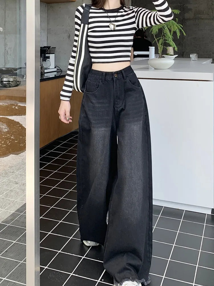 American Retro High Waist Loose Women's Jeans Black Frayed Hem High Street Long Pants plus Size Slimming Trousers