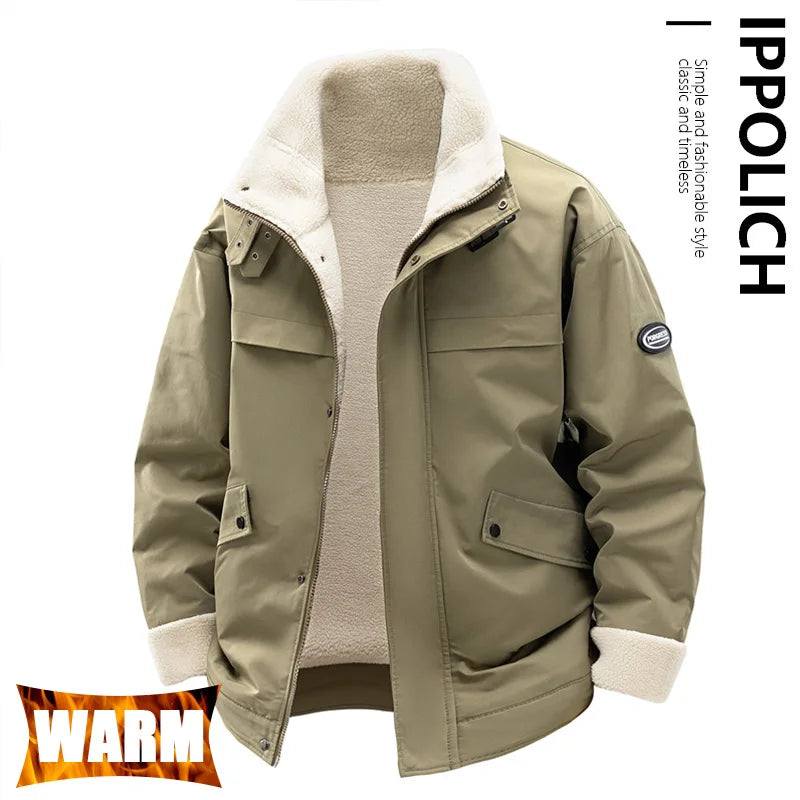 Coat Winter Coat Men Lamb Velvet Fleece Lined Thickened Loose Fit Women Cotton Jacket Warm Workwear Style Zipper Closure Lovers Coat