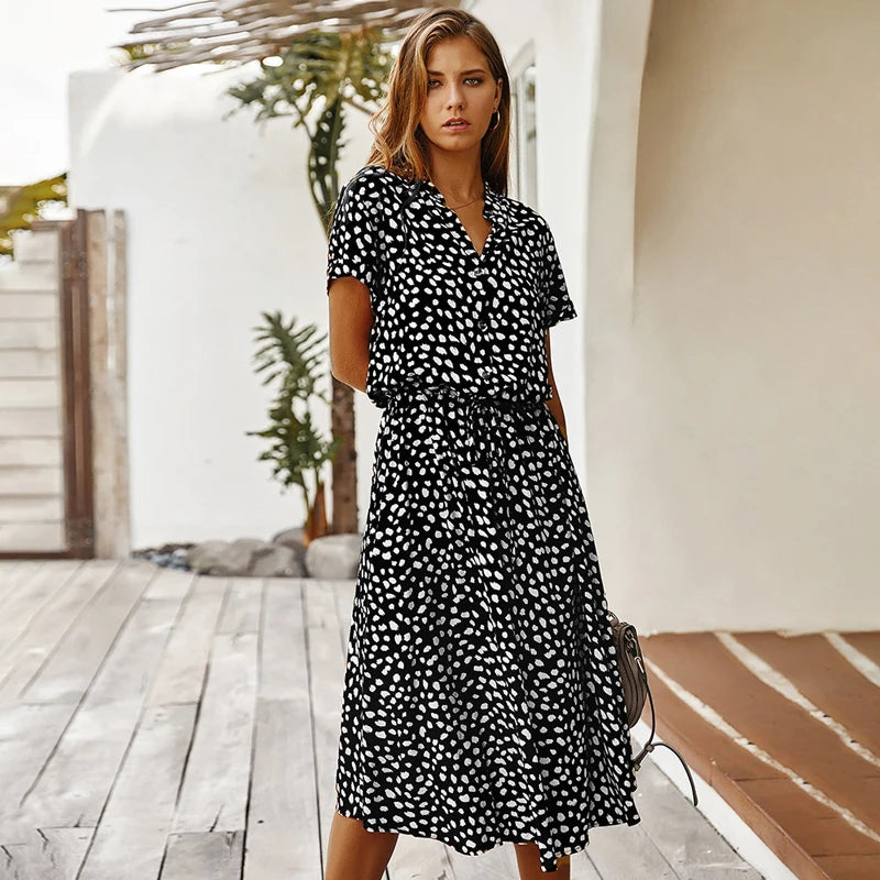 Casual Dress Summer Women Vintage Floral Print Dress Women Boho Short Sleeve Long Dress Turn Down Collar Casual Waistband Shirt Dresses Robe 2021 Summer