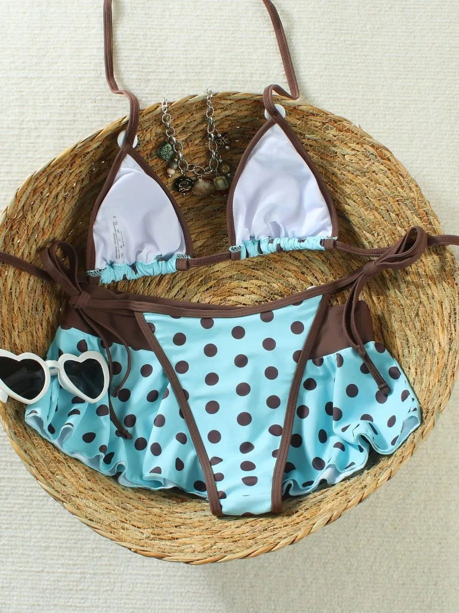 Summer Women's Beach Vacation Retro 3-Piece Bikini Set, Button Decoration Polka Dots with Two Sides Lace Swimming Skirt