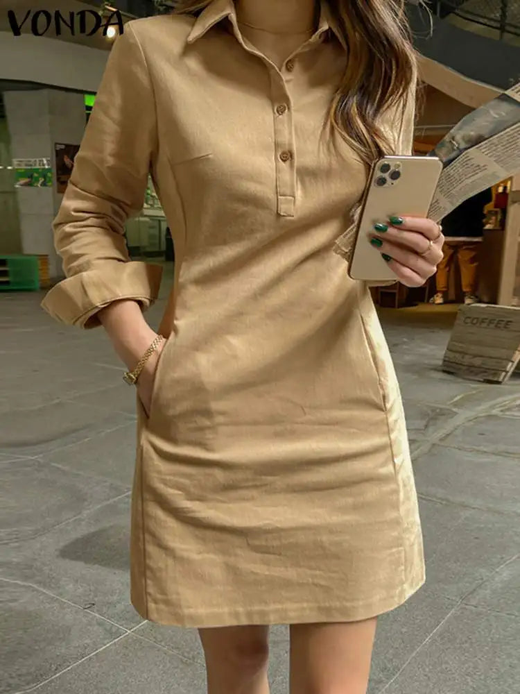 2024 VONDA Women Summer Dress Elegant Long Sleeve Solid Color Shirt Sundress Casual Loose Buttons Pockets Short Mini Vestidos