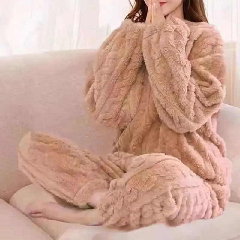 Warm Long Sleeve Home Clothes Pajama Set Cozy Sleepwear Two-Piece Set Long Pants round Neck Overhead Spring Collection