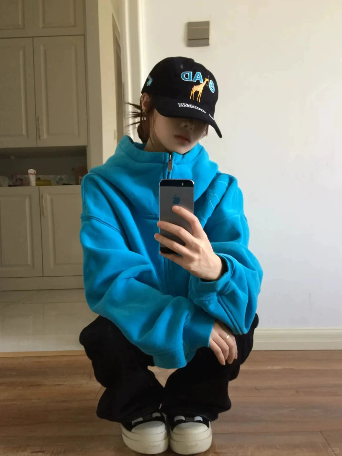 Sweatshirt Lake Blue Floral Embroidery High Collar Hooded Open Cardigan Sweatshirt Women's Autumn Winter New Heavy American Lazy Style J...