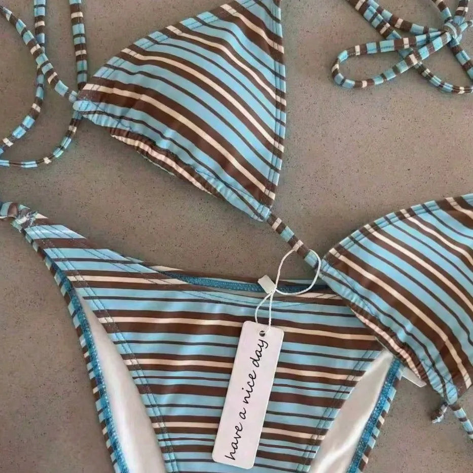2 Piece Polka Dot Bikini Women Thong Lace-up Print Bathing Suits Halter String Triangle Bikini High Cut Swimsuits Swim Holiday