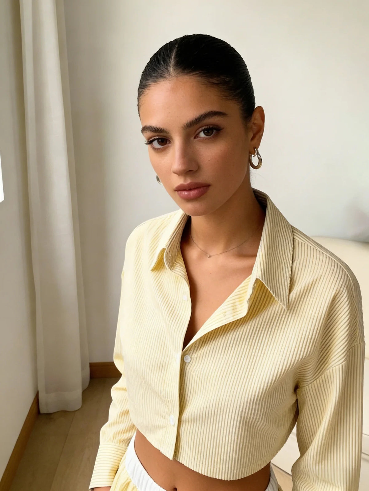 Women's striped drop-shoulder long-sleeve shirt and shorts casual two-piece set, spring and summer style, button-up shirt
