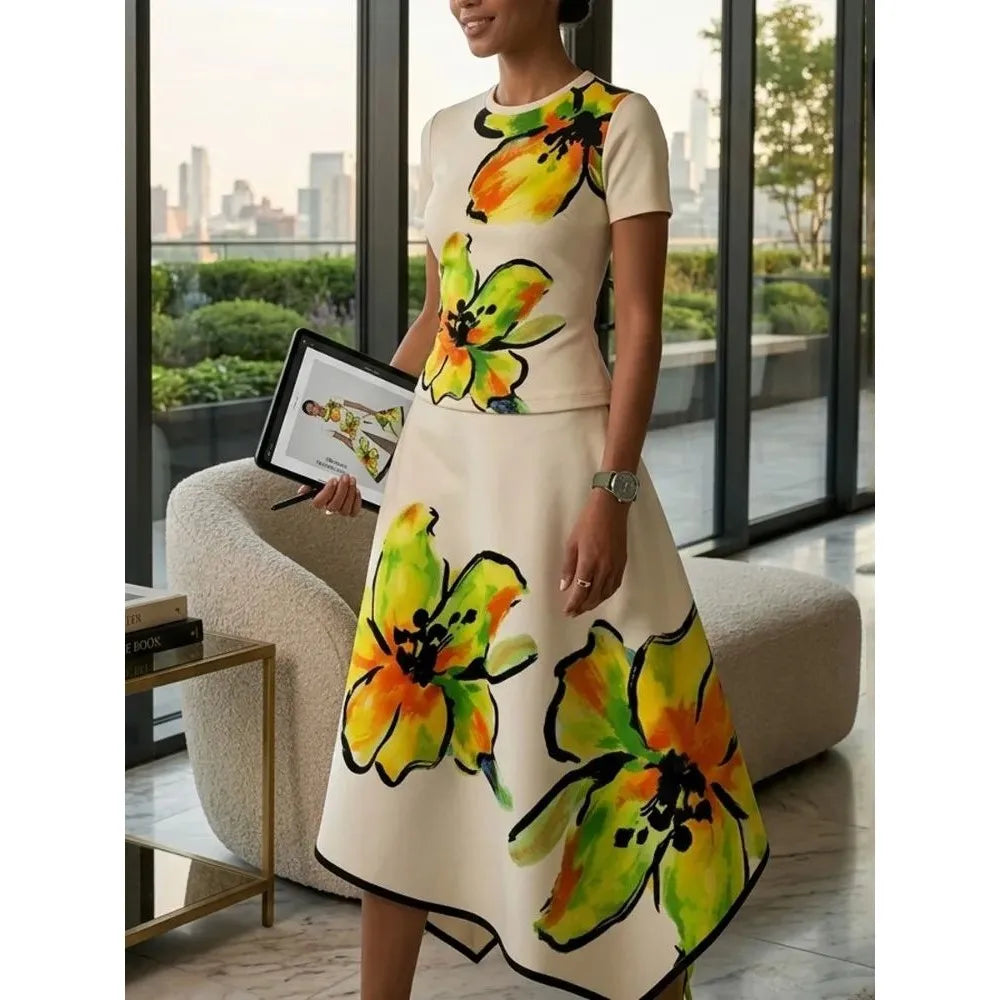 Women's Floral Print round Neck Dress Set Casual Comfortable Polyester Fabric Ideal for Ages 18-25 Summer Season