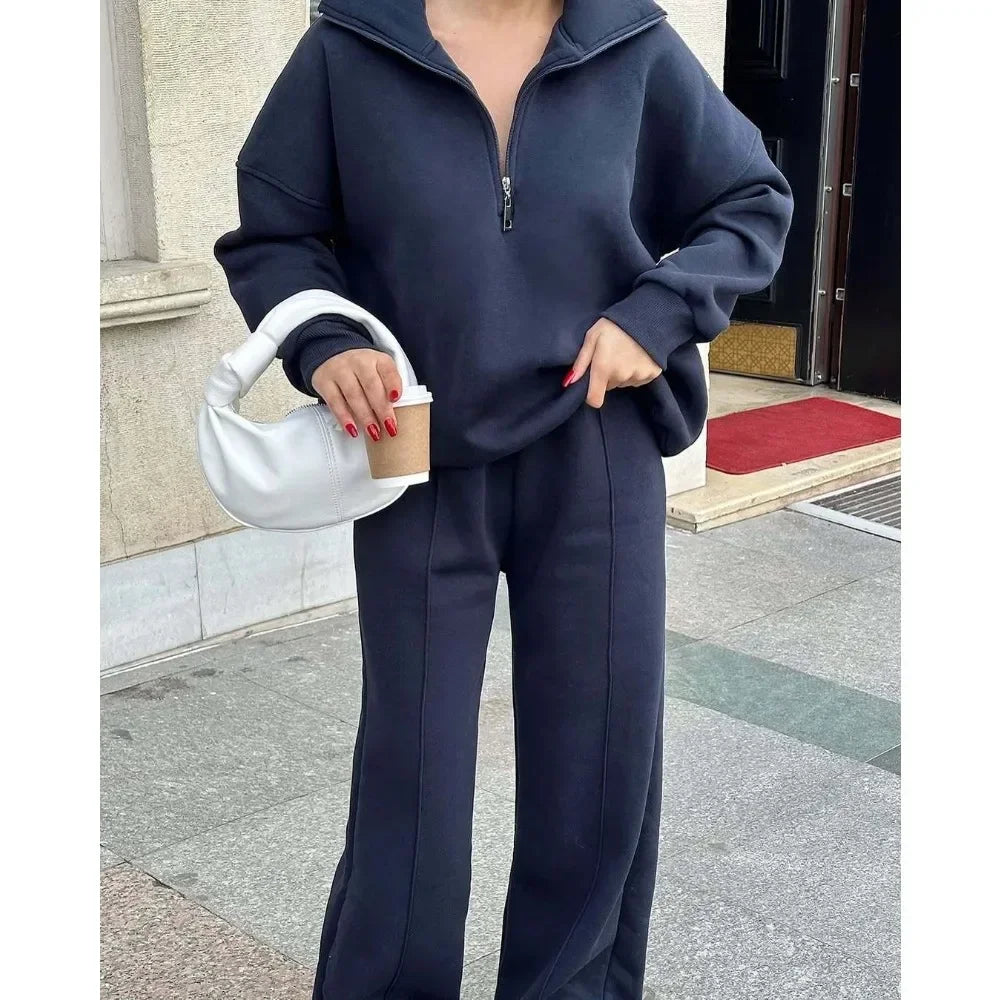 Women Half Placket Pullover Sweatshirt Pants Two Piece Set Autumn Winter Loose Casual Matching Outfit Ladies
