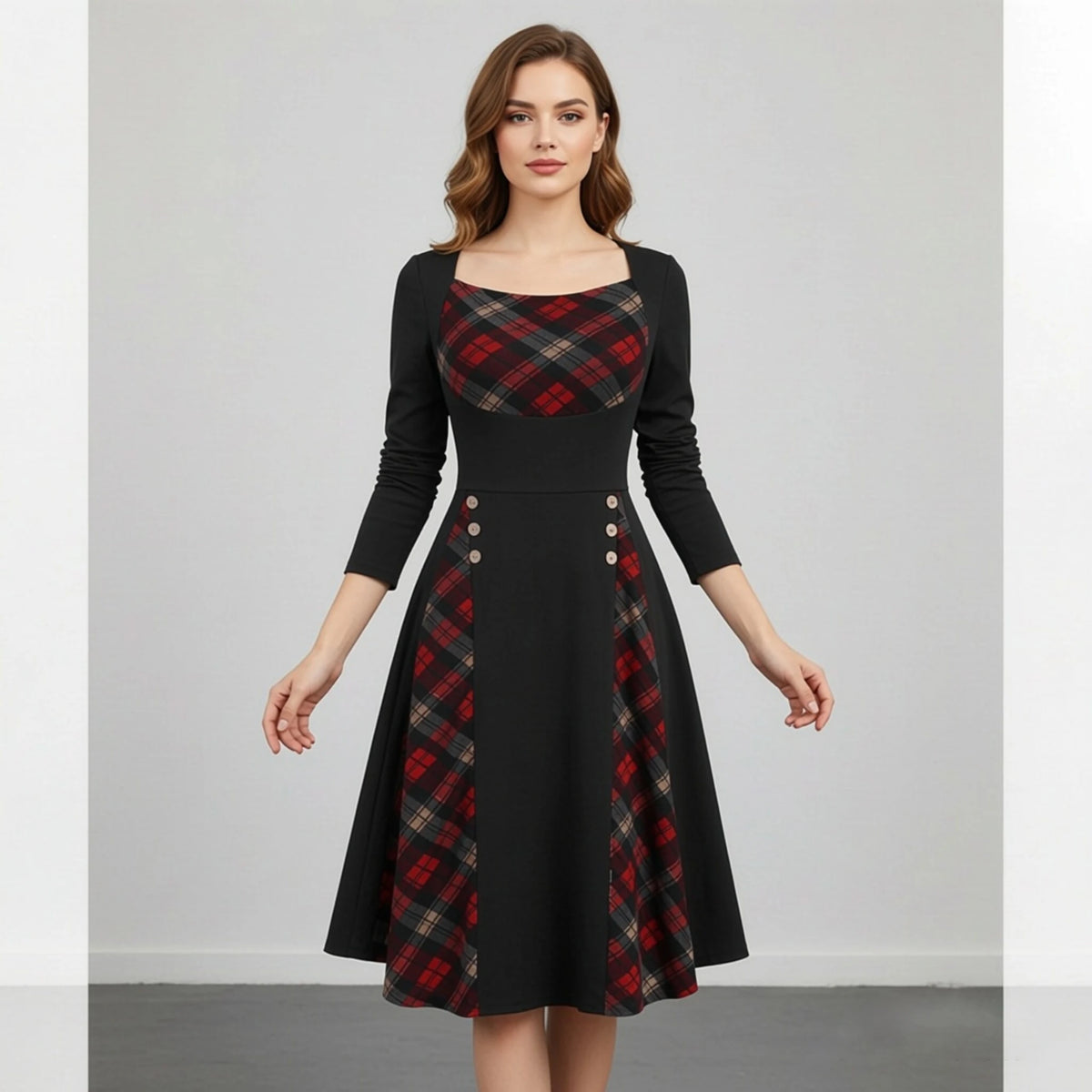 Women Vintage Plaid Patchwork Midi Dress Long Sleeve Square Neck Flared Dress Button Decor Autumn Casual Party Swing Dresses