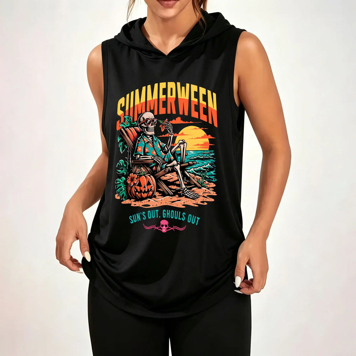 Women Sleeveless Hooded Tank Top Summerween Beach Skeleton Pumpkin Retro Sunset Graphic Print Sleeveless Hood Tank Top ****