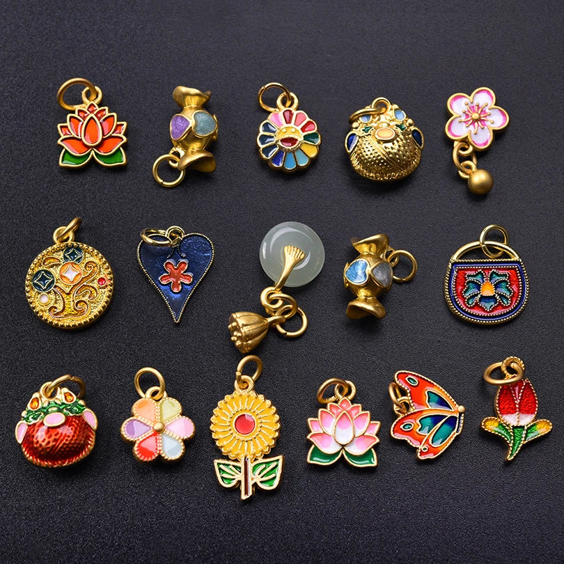 16pcs/Lot Mixed Plant Flower Enamel Charms For Jewelry Making Supplies Gold Color Sunflower Tulip Pendant DIY Bracelets Necklace