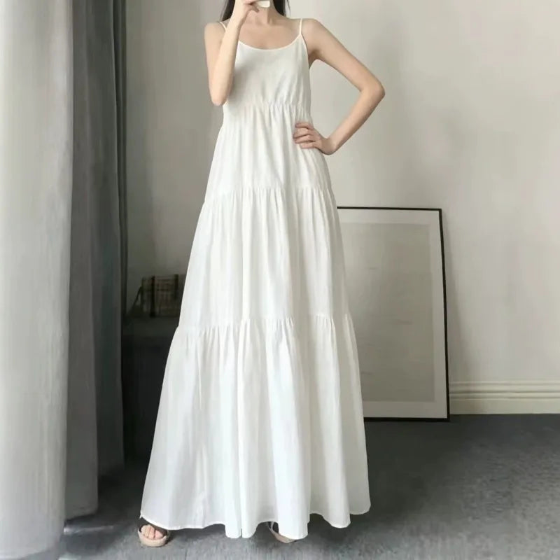 Women Sleeveless Spaghetti Strap Layered Solid Color Long Maxi Dress Oversized Flowy Dress Holiday Resort Wedding Guest Outfit