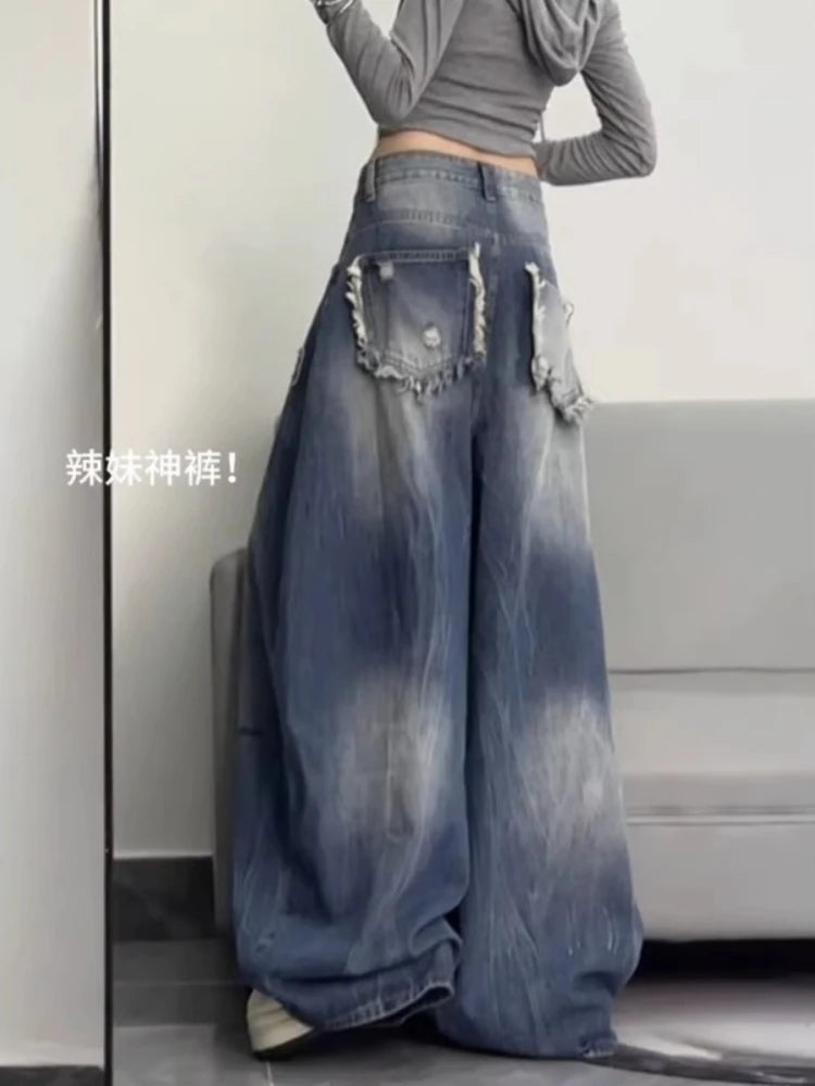 Women Harajuku Streetwear Y2K Baggy Jeans High Street Wide Leg Curved Knife Denim Pants Vintage Washed Letter Design Trousers