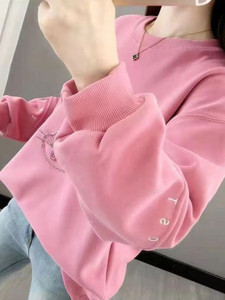 Sweatshirt High Waist Loose Fit Long Sleeve Sweatshirt Women's Fashionable Korean Style Versatile Slimming Short Design Autumn Winter Top