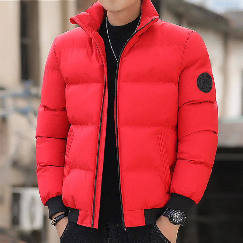 Men Stand Collar Puffer Jacket Solid Color Zip Up Warm Winter Coat Casual Lightweight Bubble Outwear With Circle Patch