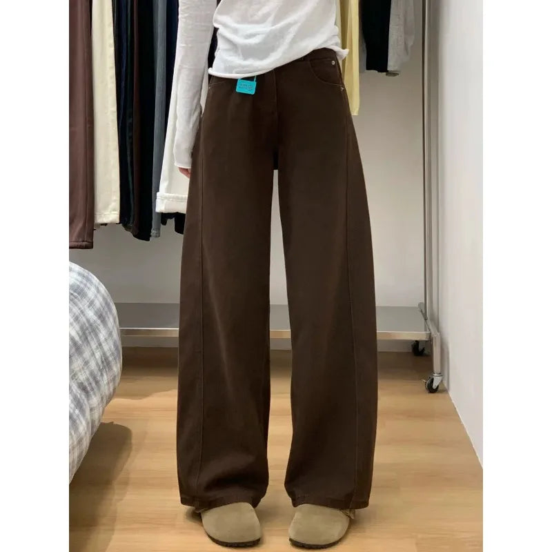 Y2K Women Coffee Brown Wide Leg Curved Jeans 2026 Fall Loose Casual Slim Floor Drape Denim Pants