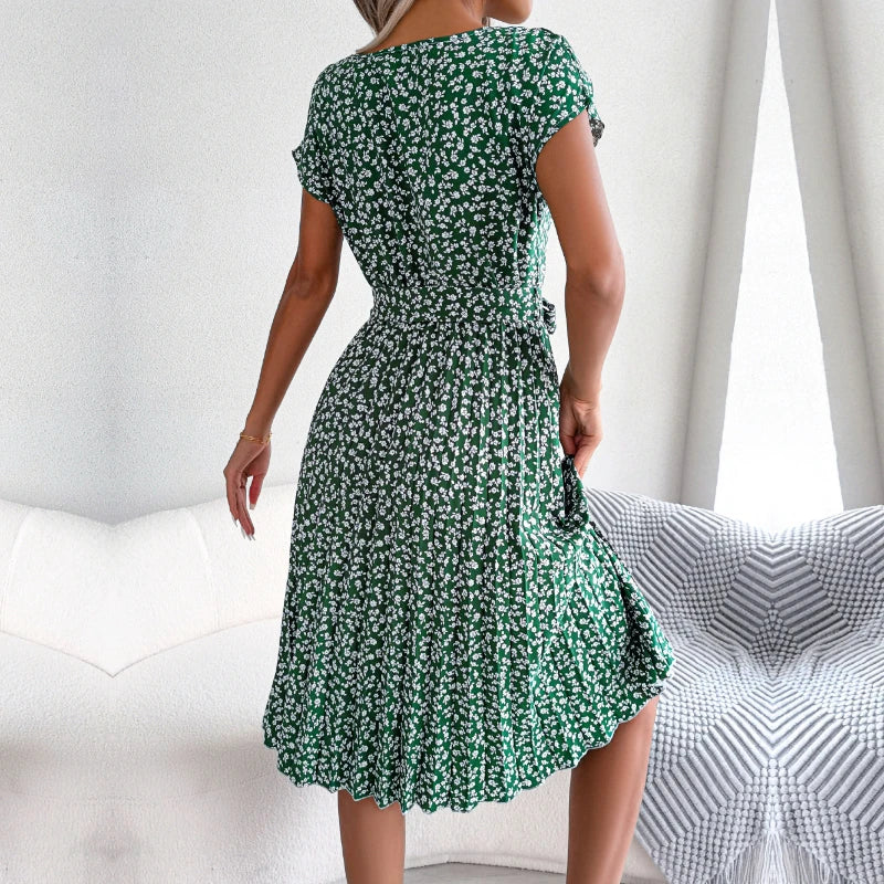 Floral Boho Midi Gaun Berlipat Floral Wanita Gaun Midi Perban Ruched Lengan Pendek Leher-o Kasual Musim Panas Gaun Boho Chic A Line Pantai Wanita