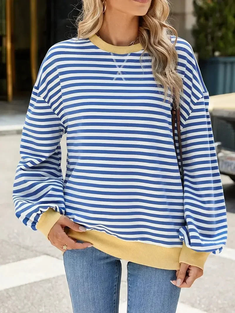 Plus Size 1XL-5XL Women Casual Casual Striped Drop Shoulder Long Sleeve Sweatshirt Women's Round Neck Loose Sweatshirt