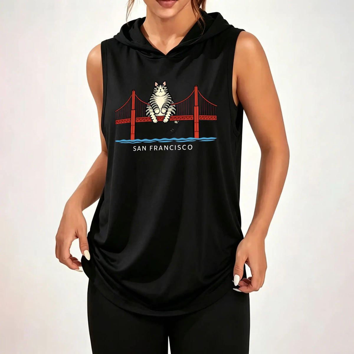 Women Sleeveless Hooded Tank Top Cat Golden Gate Bridge San Francisco Graphic Print Vest Casual Loose Sleeveless Hoodie Daily Wear Hood Tank Tops ****
