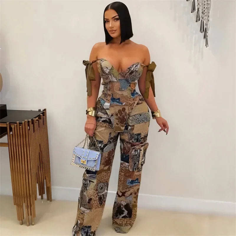 Sexy Leopard Print 2 Piece Set for Woman Birthday Off Shoulder Lace-up Bandage Top and Wide Leg Pants Matching Sets Outfits Club