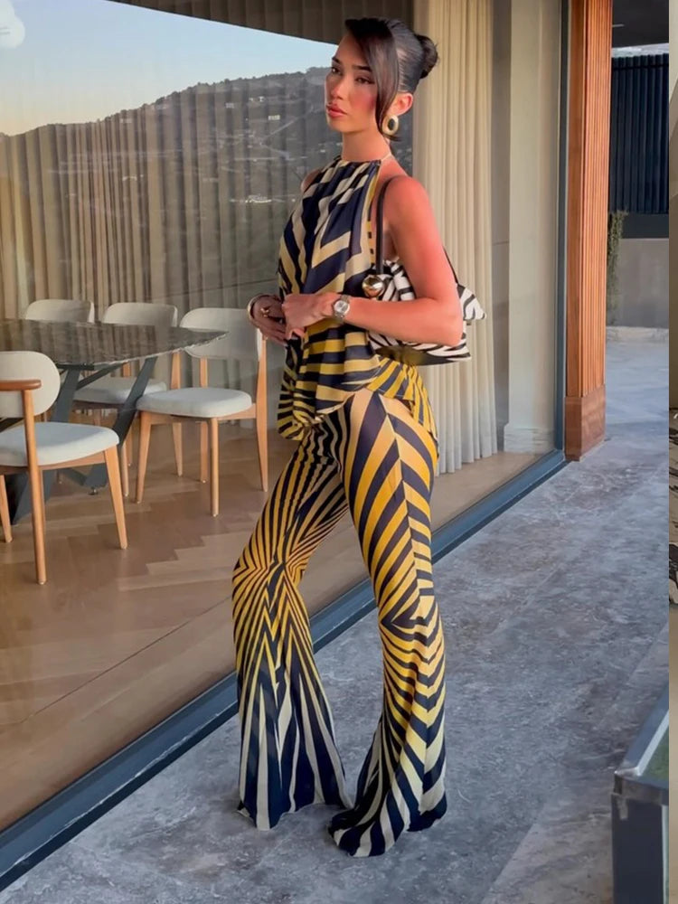 Sexy Striped 2 Piece Pants Sets Women Halter Sleeveless Backless Top Flared Pants Set 2026 Summer Vacation Beach Matching Outfit