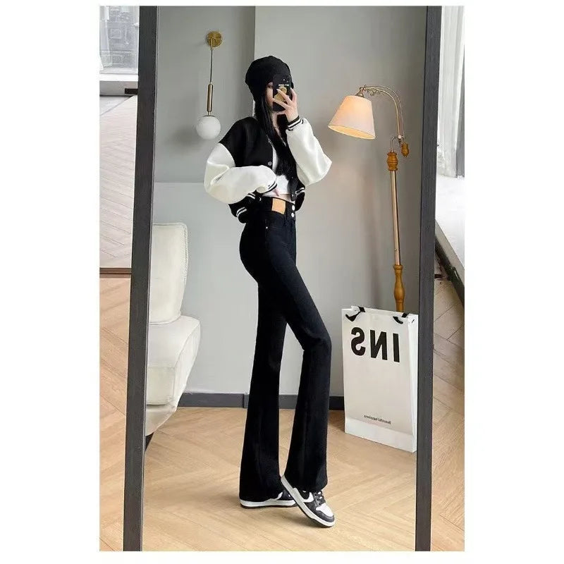Women's Jeans Pants Black Flare High Waist Slimming Trendy Bell Bottom Denim Casual Streetwear Retro