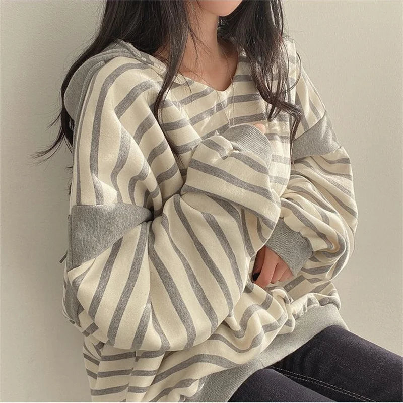 Korean Fashion Striped Patchwork Loose Hoodies Women Autumn Casual Long Sleeve Hooded Shirt Streetwear Y2K Oversized Sweatshirt