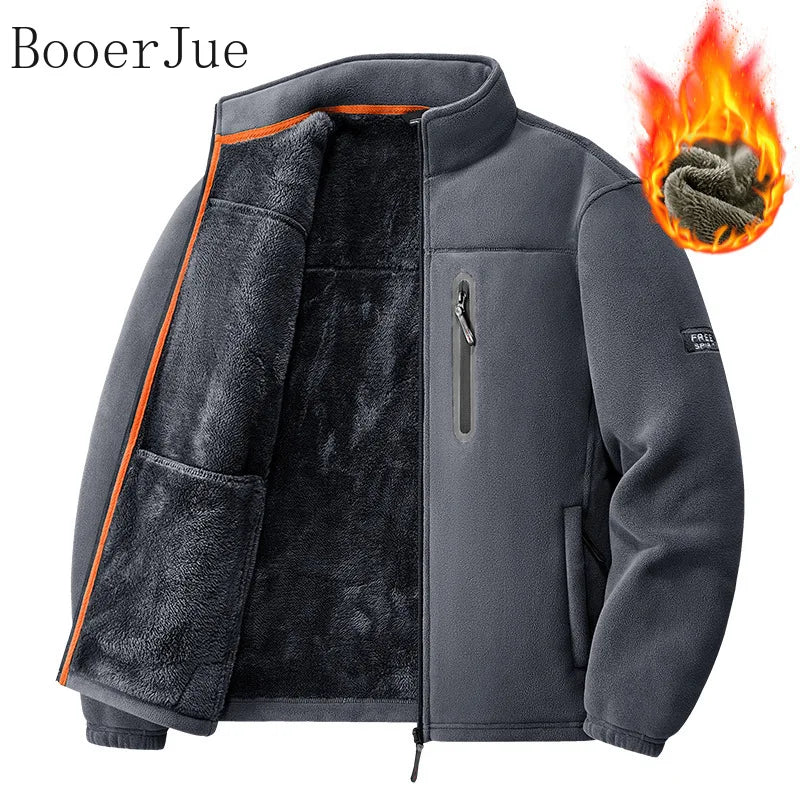 Winter Thickened Windproof Stand Collar Zipper Jacket for Men Casual Outdoor Fleece-Lined Coat Embroidered Men's Warm Jackets