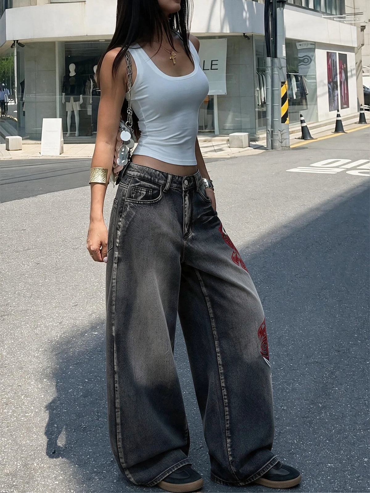 Women's High Street Vintage Two-Tone Embroidered Black Baggy Jeans Y2K Street Style Hot Girl Fashion Trend Versatile High-Waist Pants