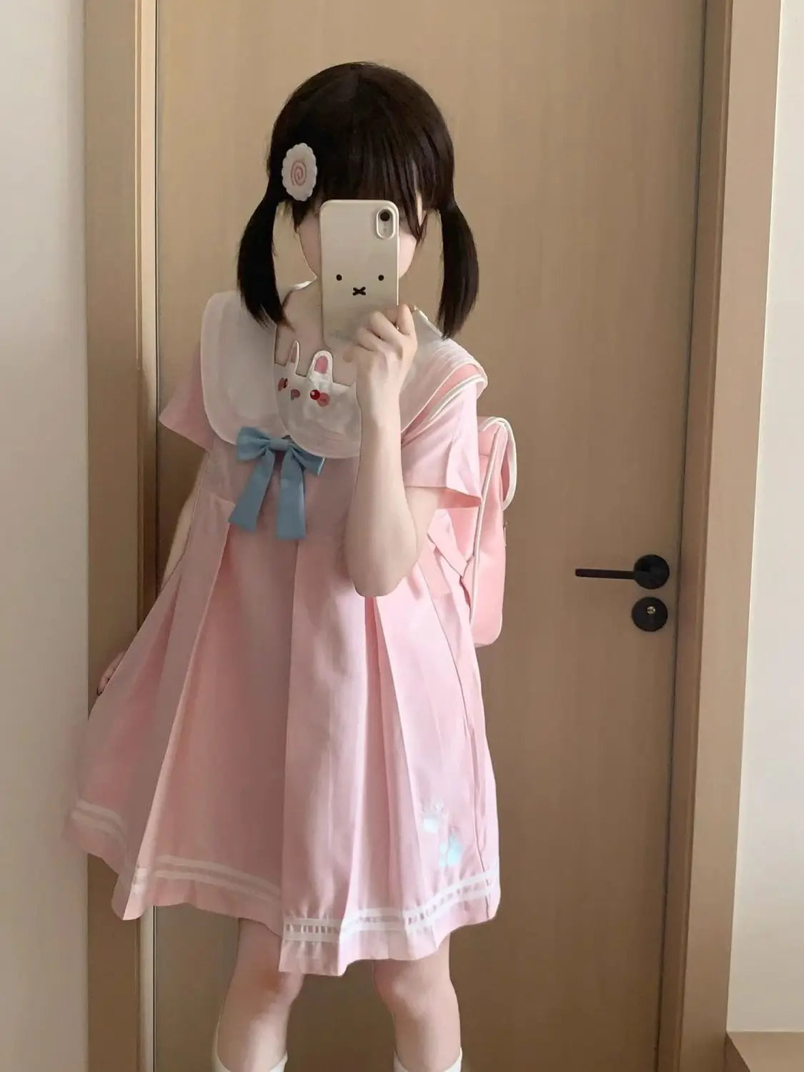 Dress Cute Y2K Japanese Soft Girl Little Rabbit Ear Design Navy Collar Pleated Skirt Slimming Dress Student Friendly Daily Wear