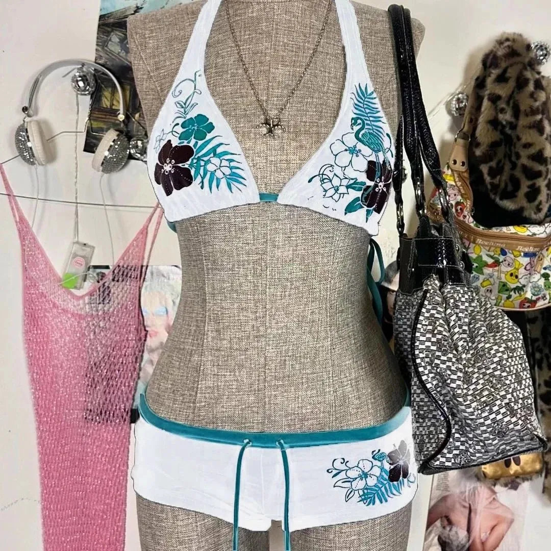 UETEEY 2025 Summer Swimwear Bikinis Set Sexy Printed Lace Back Naked Bikini 2 Pieces Set Women's Swimwear Slit Beach Bikini