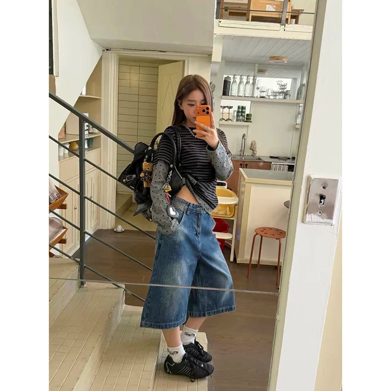 YIBASHU Women American Retro Embroidery Jorts Jeans Shorts Y2K 2000s Harajuku Calf-Length Denim Pant Japanese High Street Grunge