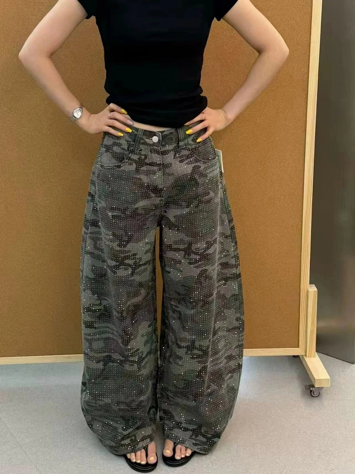 American Retro Rhinestone Wide Leg Camouflage Jeans Men Women Casual Loose Fit Long Pants Micro Flared Low Waist Denim