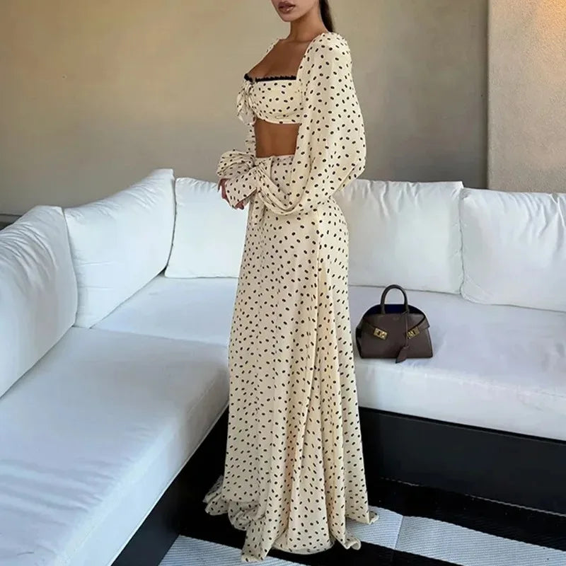 Sexy Polka Dot Tank Dress Women's Set Beach Long Lantern Sleeve Top A-line Flared Skirt Set 2026 Spring Summer Commuter