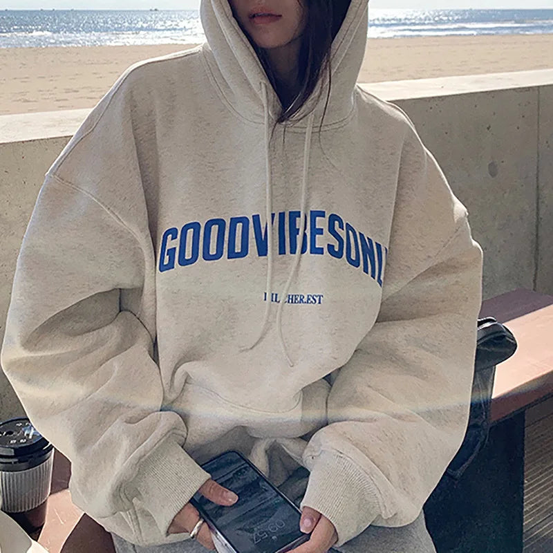 Autumn Winter 2026 Korean Fashion Loose Sweater Women Long Sleeve Hooded Shirt Letter Print Pullover Tops Casual Sweatshirts