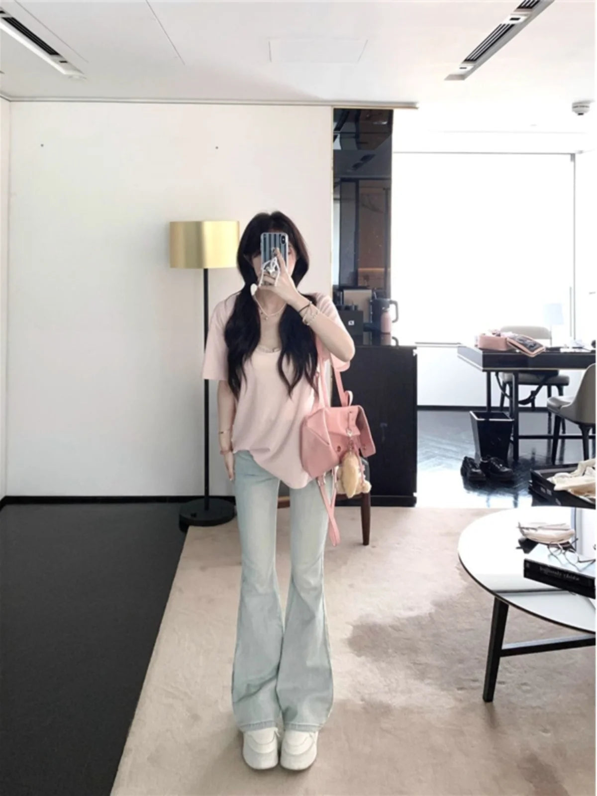 Elastic Lace Splice High Waist Bell Bottom Jeans Women's 2026 Light Color Slimming Butt Lifting Bell Pants