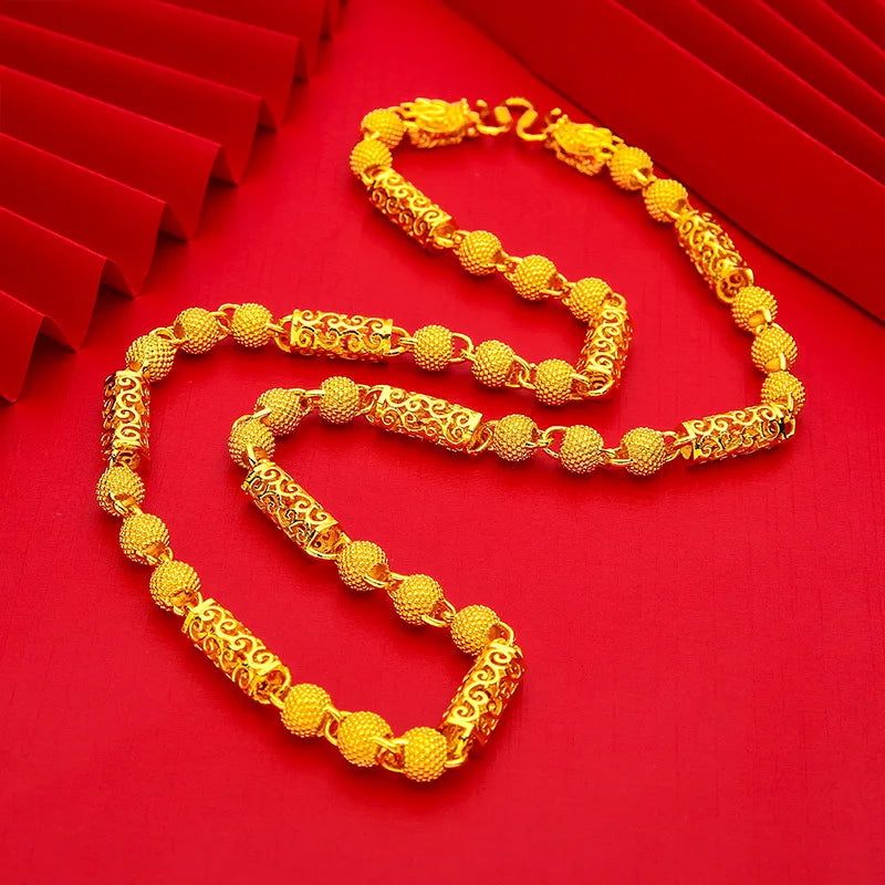 Necklace Personality Trendy 8mm 60cm Dragon Head Bold Hollow Necklace For Men 24K Gold AU999, Fashion Solid Gold Men Necklace