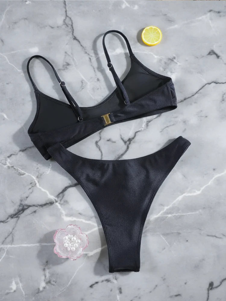 Rinade String Bikini Push Up Bikinis Black Solid Swimwear High Cut Swimsuit Sexy Swimsuits Vacation Swimsuit Two-Piece Beachwear