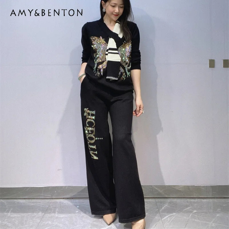 Y2k Rhinestone V Neck Knit Top With Scarf Decor Wide Leg Pants 2pcs Set Women's Loose Long Sleeves Luxury Casual Matching Outfit