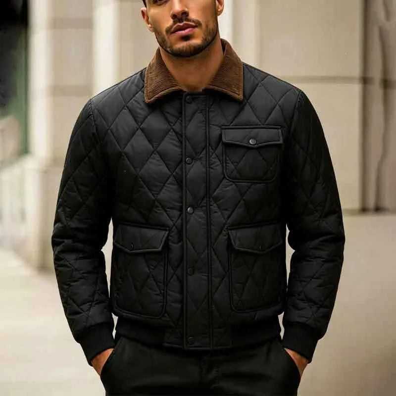 KIDWHXR Man Jacket Winter Retro Contrast Color Turn Down Collar Male Parkas Single-breasted Long Sleeve Pocket Men Casual Coat
