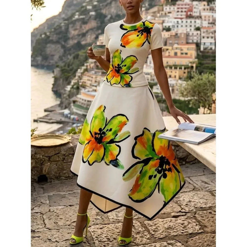 Women's Floral Print round Neck Dress Set Casual Comfortable Polyester Fabric Ideal for Ages 18-25 Summer Season