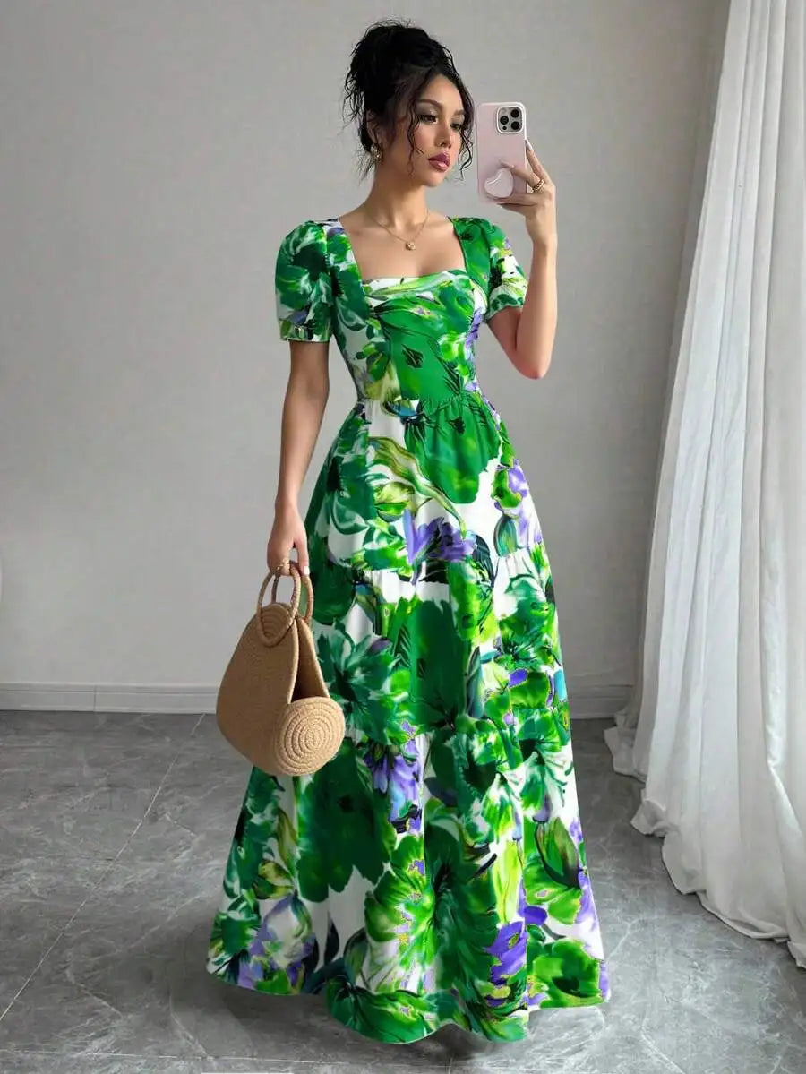 Women Tropical Bohemian Maxi Dress, Vibrant Floral Print Square Neck Puff Sleeve Tiered Summer Sundress For Vacation Party Daily