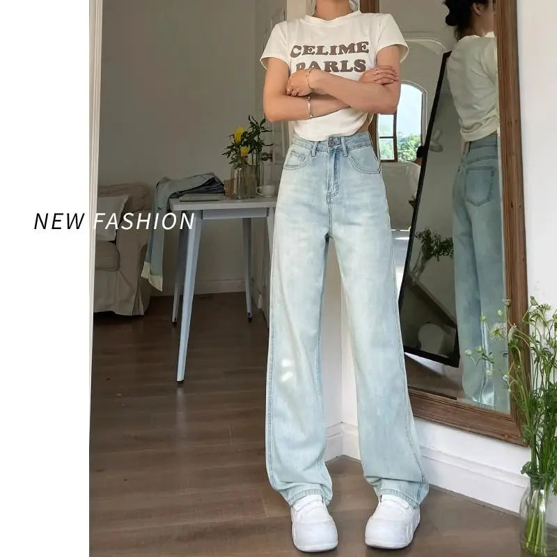 Autumn Retro Wide-leg Y2K Jeans Women's 2026 High Waist Loose and Thin American Solid Straight Denim Trousers Female Casual Pant